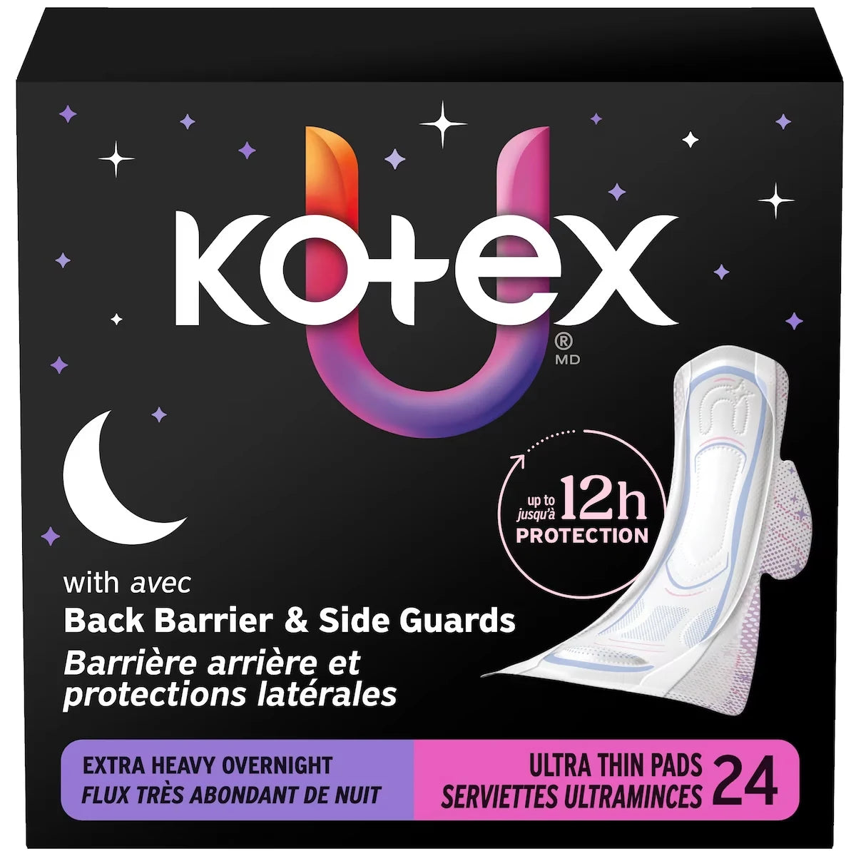 Kotex Ultra Thin Overnight Pads with Wings, Extra Heavy Absorbency front package