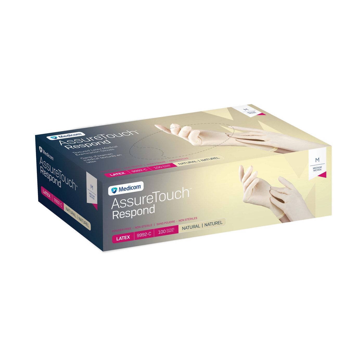 Glove Exam Latex AssureTouch Respond Non Sterile Powder Free Box of 100 Gloves, Cream, Medium