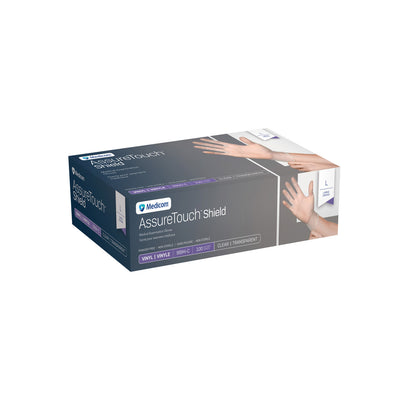 Glove Exam Vinyl AssureTouch Shield Non Sterile Powder Free Box of 100 Gloves, Cream, Large