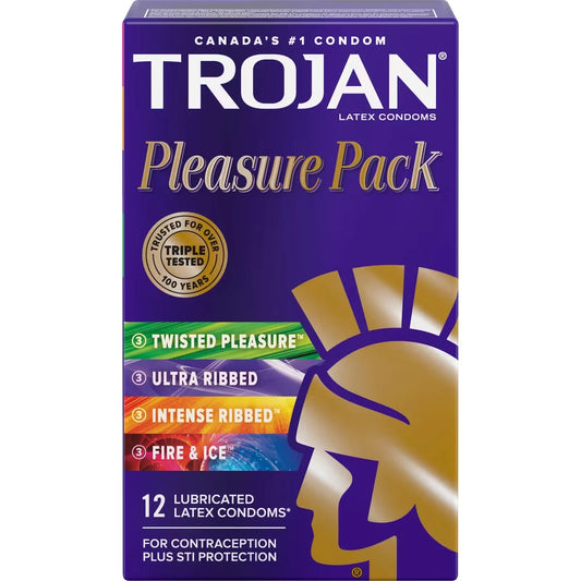 Trojan Pleasure Pack Assorted Lubricated Condoms, Extra Stimulting front package