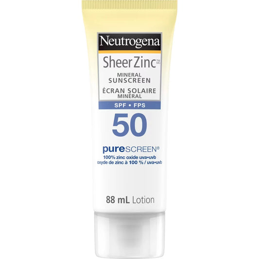 Neutrogena Body Sunscreen SPF 50, Sheer Zinc Mineral Sunscreen front package