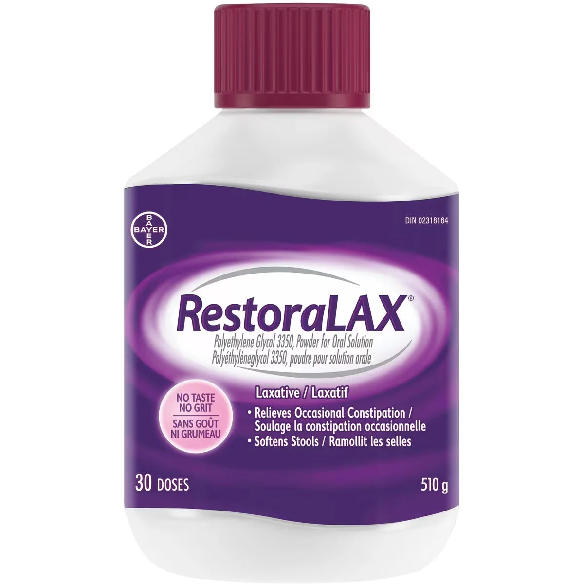 Restoralax Powder Laxative, Effective Relief, No Taste, No Grit, No Gas, No Bloating, No Cramps, 30 Doses, 510 Grams front package