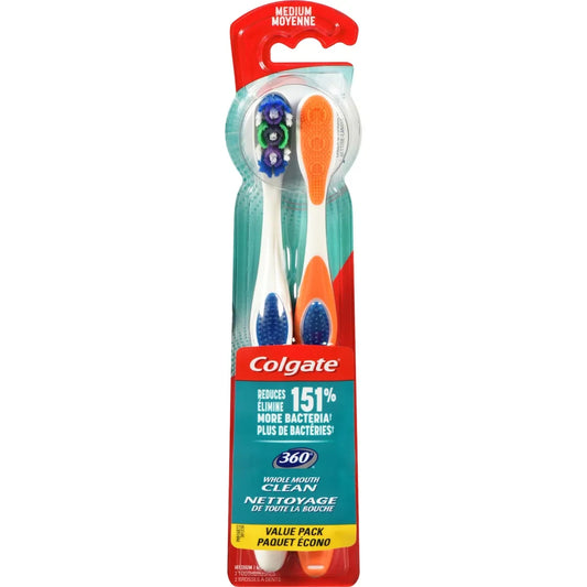 Colgate 360° Toothbrush with Tongue and Cheek Cleaner, Medium - 2 Count front package