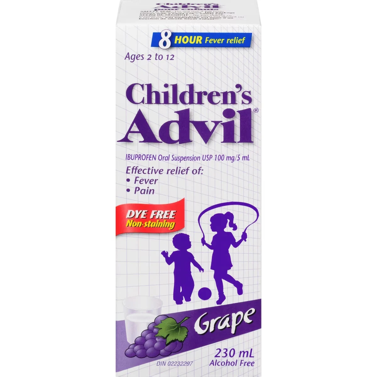 Advil Children's Fever and Pain Relief Ibuprofen Oral Suspension, Dye Free, Grape, 230 mL front package