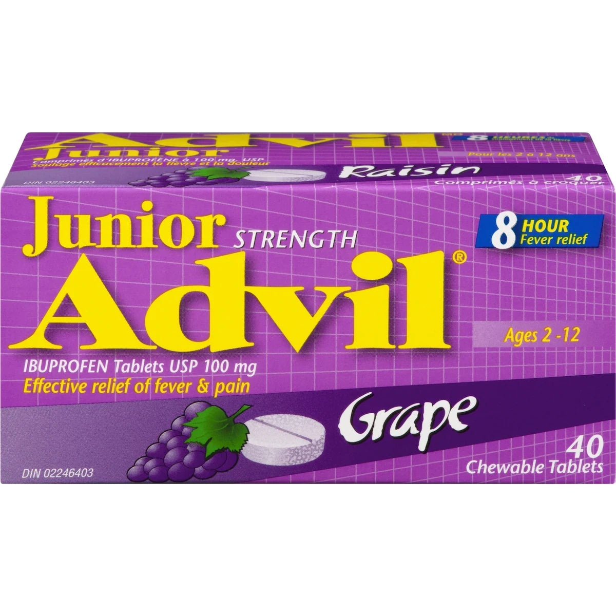 Advil Junior Strength Pain Reliever and Fever Reducer Ibuprofen Chewable Tablets, Grape, 40 Count front package