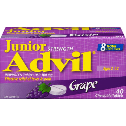 Advil Junior Strength Pain Reliever and Fever Reducer Ibuprofen Chewable Tablets, Grape, 40 Count front package
