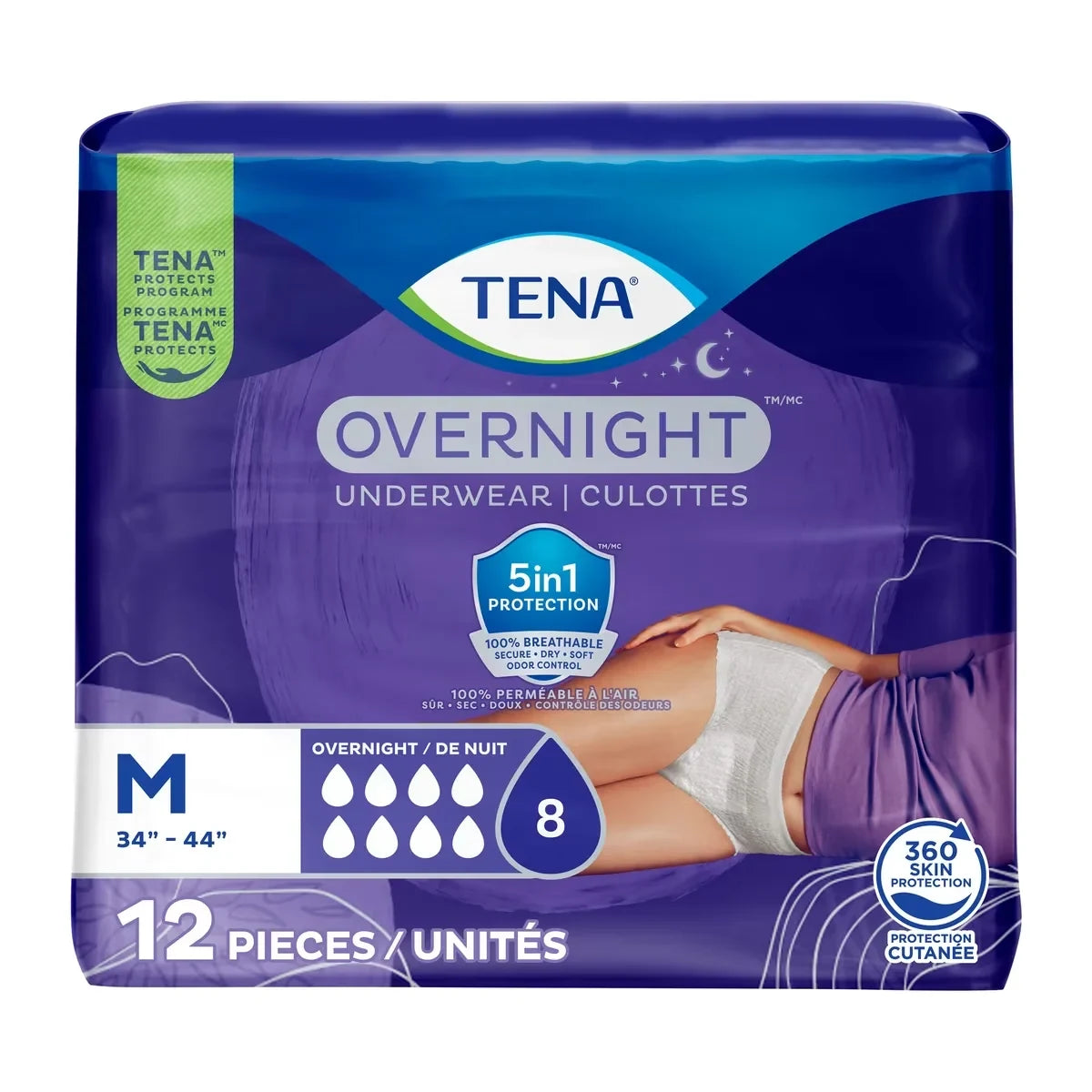 Tena Incontinence Underwear for Women, Bladder Leakage, Overnight Absorbency, Medium, 12 Count product package