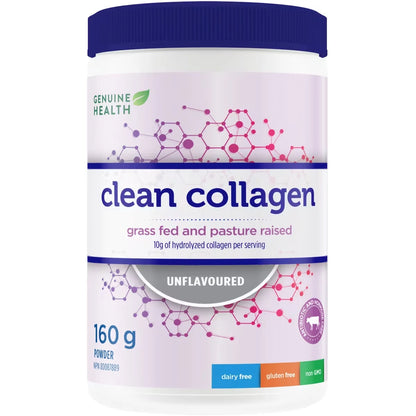 Genuine Health Clean Collagen, Unflavored Hydrolyzed Bovine Collagen Powder, Grass Fed front package