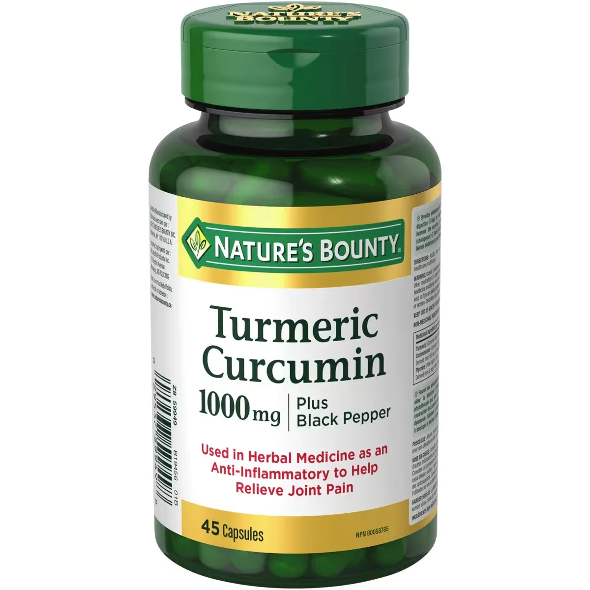Natures Bounty Turmeric Curcumin plus Black Pepper Pills and Herbal Health Supplement, 1000mg, 45 count front package