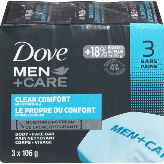 Dove Men+Care Body and Face Bar for clean and smooth skin Clean Comfort 1⁄4 moisturizing cream 106 g Pack of 3 front package