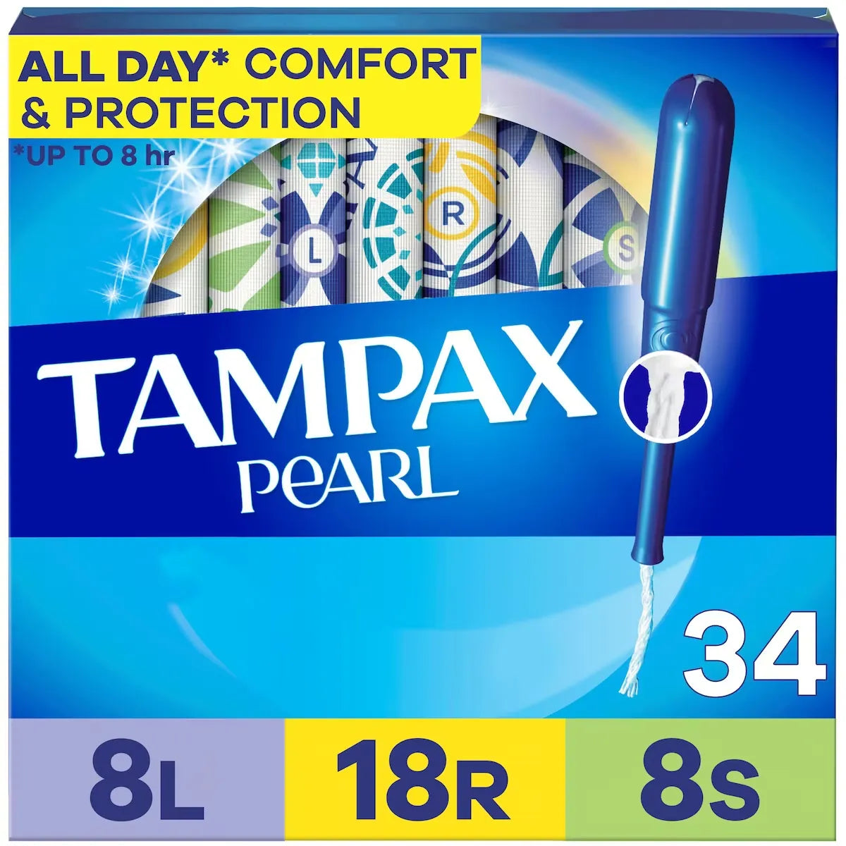 Tampax Pearl Tampons, Light/Regular/Super Absorbency with LeakGuard Braid, Triple Pack, Unscented, 34 Count front package