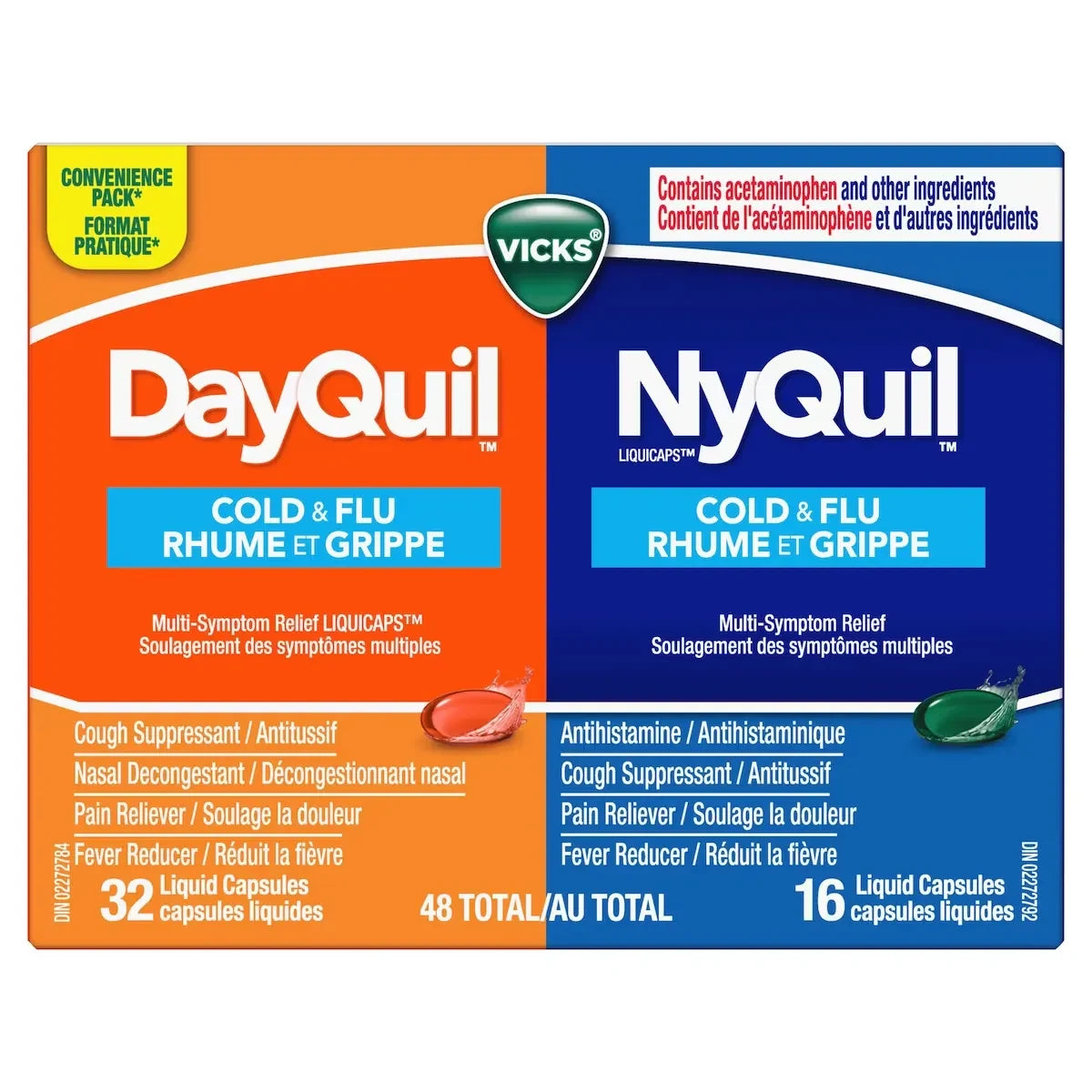 Vicks DayQuil Cold & Flu Multi-Symptom Relief Liquid Capsules + NyQuil Cold & Flu Multi-Symptom Relief Liquid, 48 Count product package