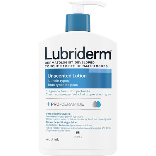 Lubriderm Unscented Lotion, Shea Butter and Glycerin, Dry Skin, Hand, Face Moisturizer, Fragrance Free product package