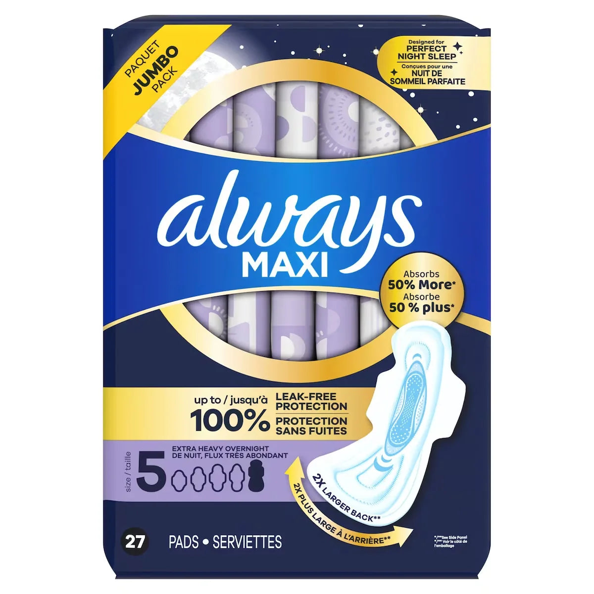 Always Maxi Pads Size 5 Overnight Absorbency Unscented with Wings, 27 Count product detail