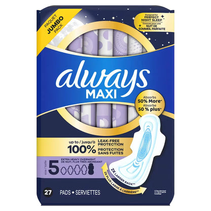 Always Maxi Pads Size 5 Overnight Absorbency Unscented with Wings, 27 Count product detail
