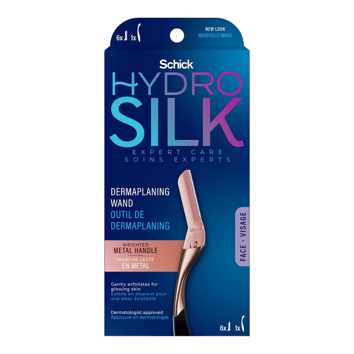 Schick Hydro Silk Dermaplaning Wand, Professional Style, 1 Handle and 6 Refills front package