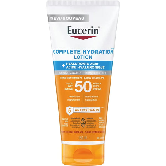 Eucerin Sun Complete Hydration Sunscreen for Face and Body with SPF 50 product package