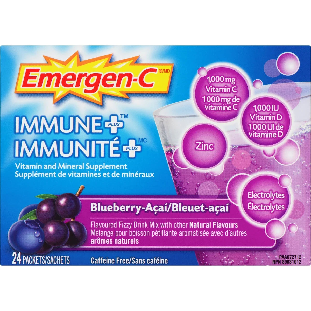Emergen-C Immune+ Vitamin C & Mineral Supplement Fizzy Drink Mix, Blueberry Acai front package