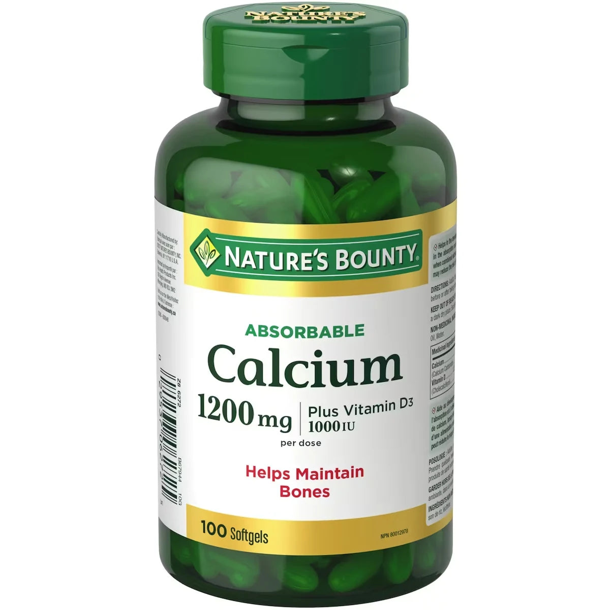 Natures Bounty Calcium Pills plus Vitamin D3 Supplement, Helps maintain bones, 1200mg front package