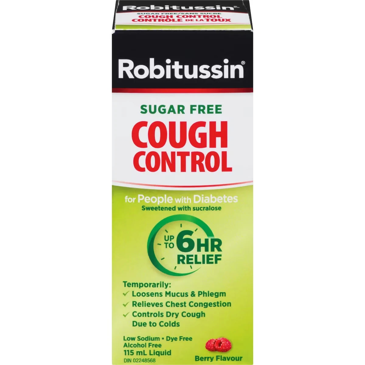 Robitussin Cough Control Liquid People with Diabetes Berry Flavour 115 ml front package