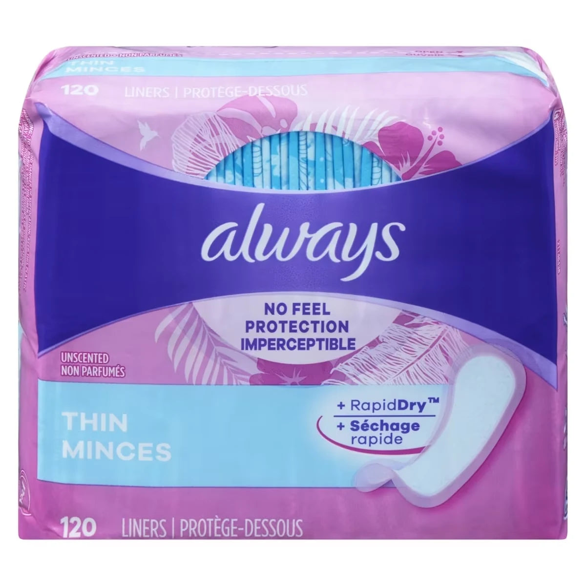 Always Thin No Feel Protection Daily Liners, Regular Absorbency, Unscented, 120 Count front package