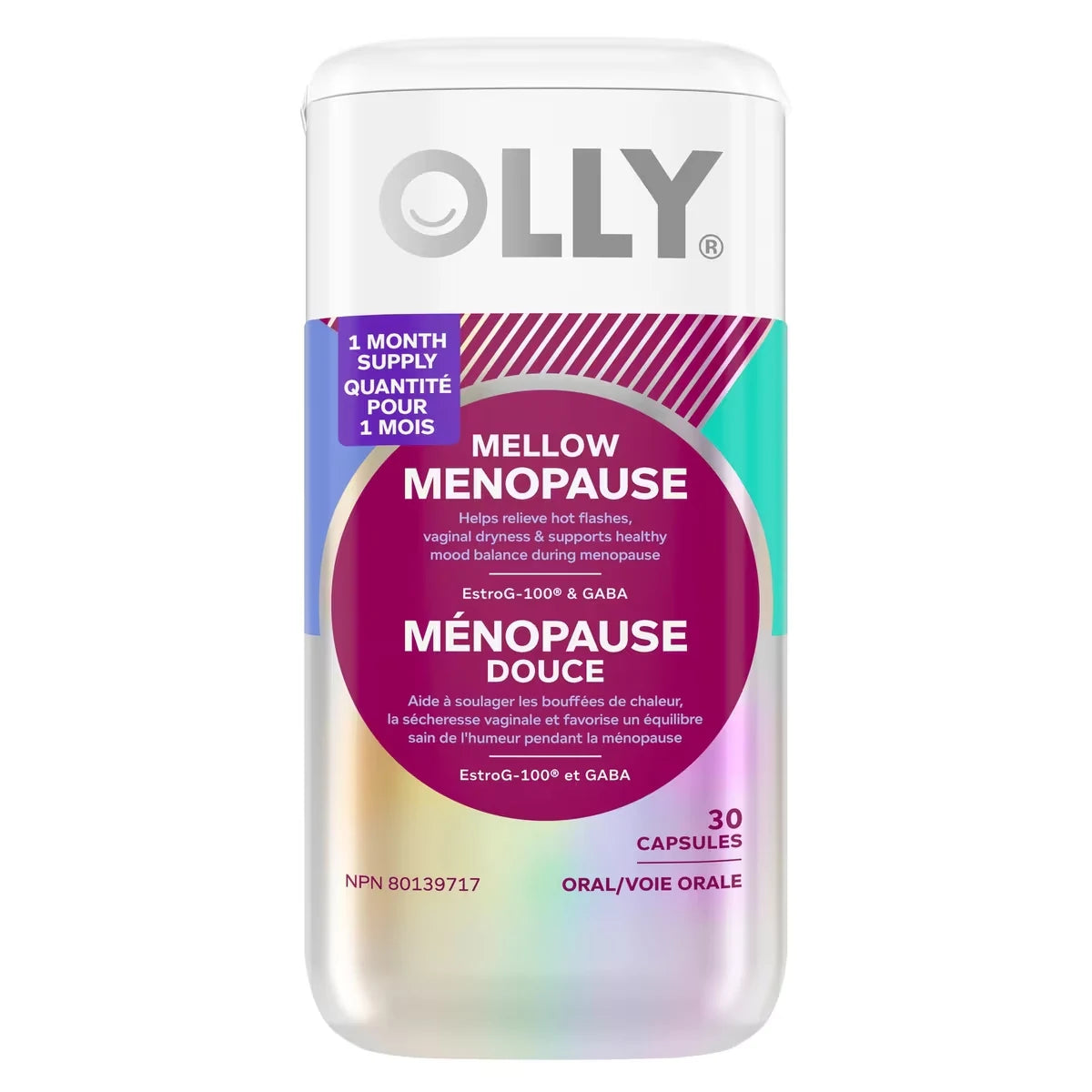 OLLY Mellow Menopause Capsules with EstroG-100® for Hot Flash & Menopause Symptom Relief front package