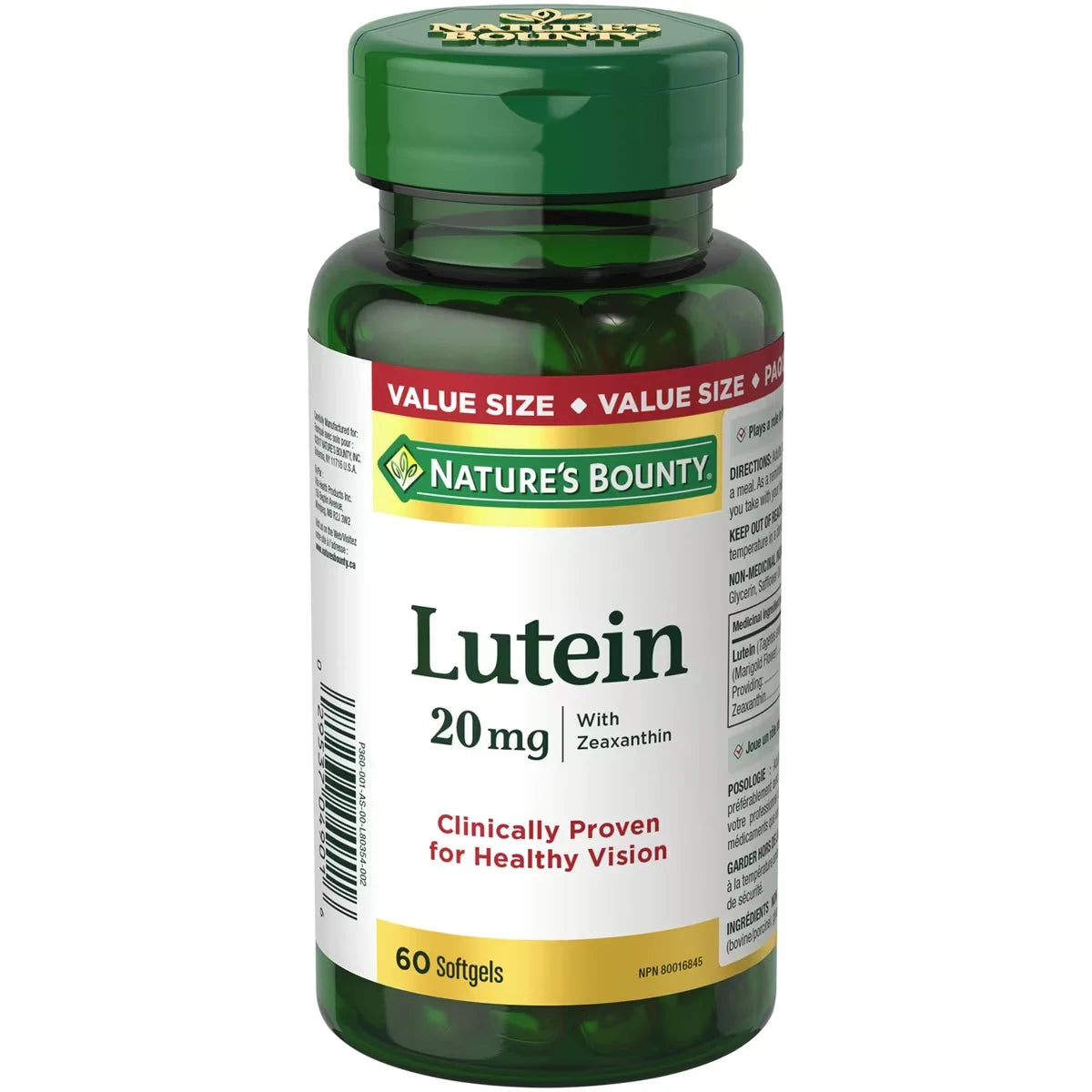 Natures Bounty Lutein Pills, Eye Health Supplements and Vitamins, Support Vision Health, 20 mg front package