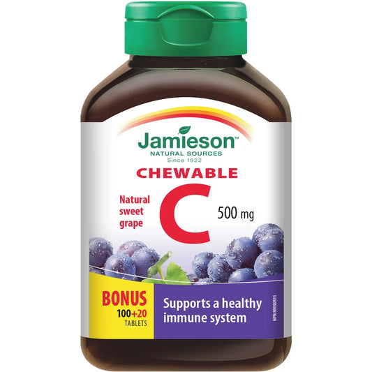 Jamieson Chewable Vitamin C Grape Juice Tablets, 500 mg front package