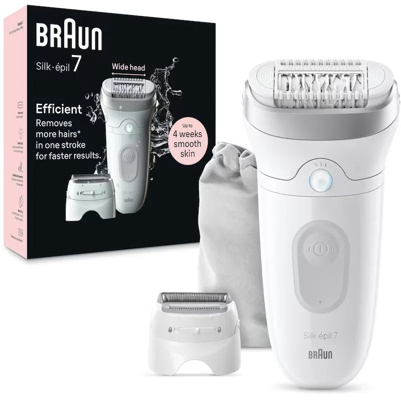 Braun Silk-épil 7 Epilator, Wet and Dry, Wide Head, Includes Shaver Head and Trimmer Comb, SE7-041, Silver front package