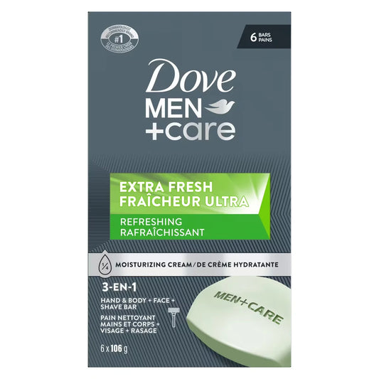 Dove Men+Care Body and Face Bar for Refreshed Skin Extra Fresh 1⁄4 Moisturizing Cream 106 g 6 count front package