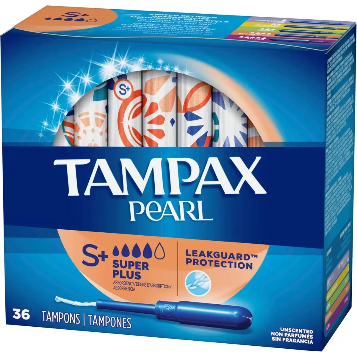 Tampax Pearl Tampons Super Plus Absorbency with LeakGuard Braid, Unscented, 36 Count front package