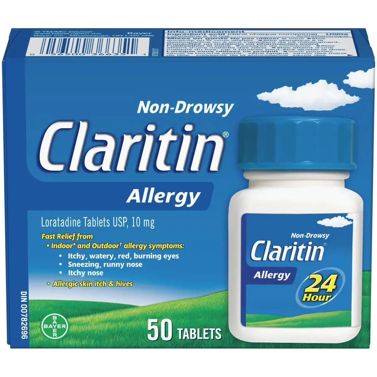 Claritin Allergy Medicine, 24-Hour Non-Drowsy Relief 10 mg, 50 Tablets front package