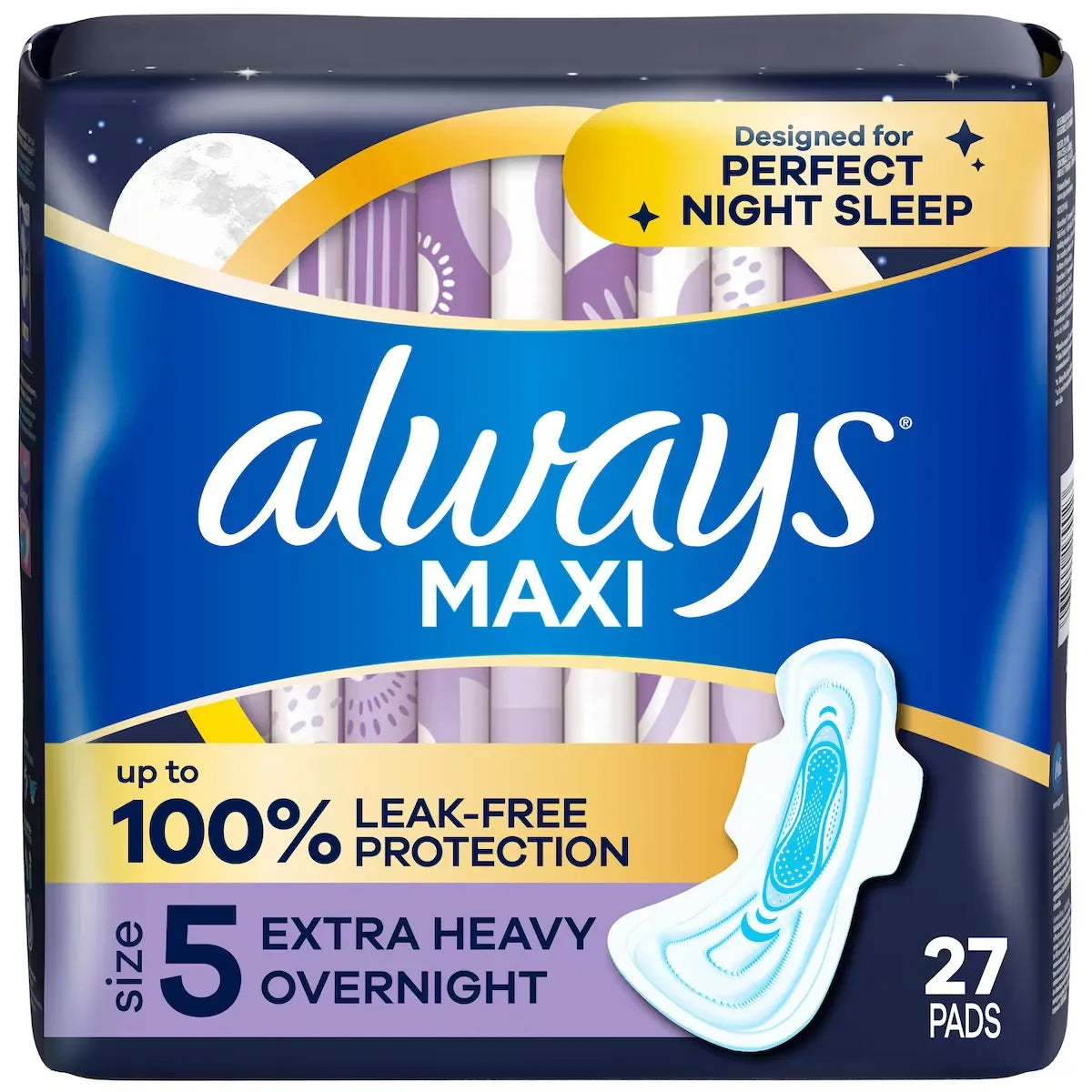 Always Maxi Pads Size 5 Overnight Absorbency Unscented with Wings, 27 Count alternate view