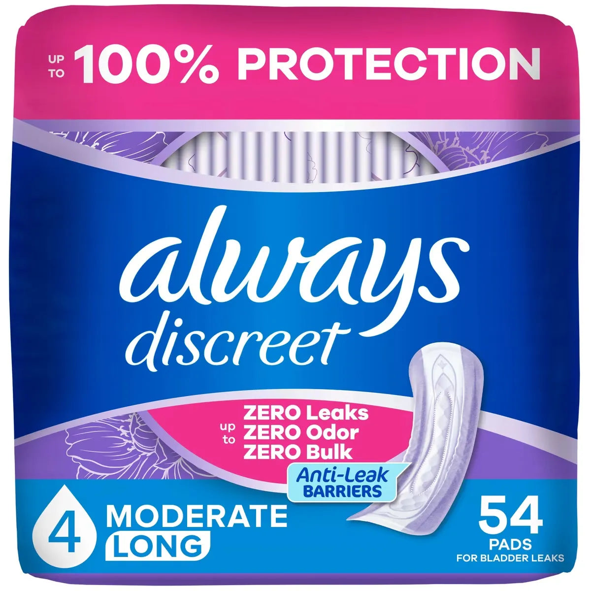 Always Adult Incontinence Pads for Women, Moderate Absorbency, Long Length, Postpartum Pads, 54 CT 54 count front package