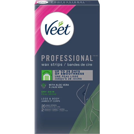 Veet ProfessionalTM Wax Strips, For Legs & Body, Dry Skin, With Aloe Vera front package