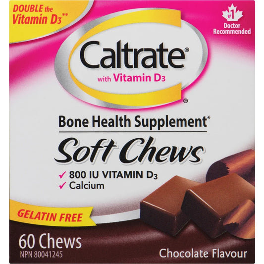 Caltrate Calcium & Vitamin D3 Bone Health Supplement Soft Chews, Chocolate, 60 Count front package