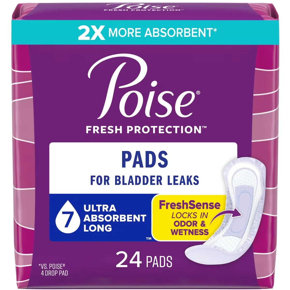 Poise Incontinence Pads for Women/Bladder Leakage Pads/Bladder Control Pads, 7 Drop, Ultra Absorbency, Long Length front package