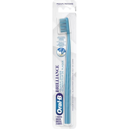 Oral B Brilliance Premium Whitening Toothbrush with Plaque Eraser, Medium, Sky Blue, 1 Count front package