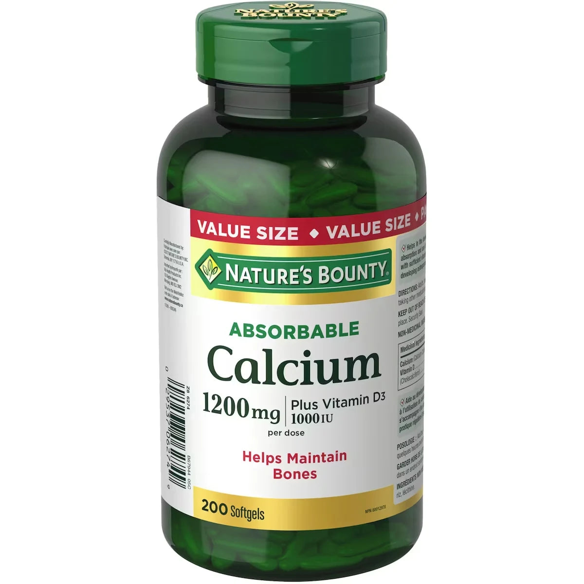 Natures Bounty Calcium Pills plus Vitamin D3 Supplement, Helps maintain bones, 1200mg front package