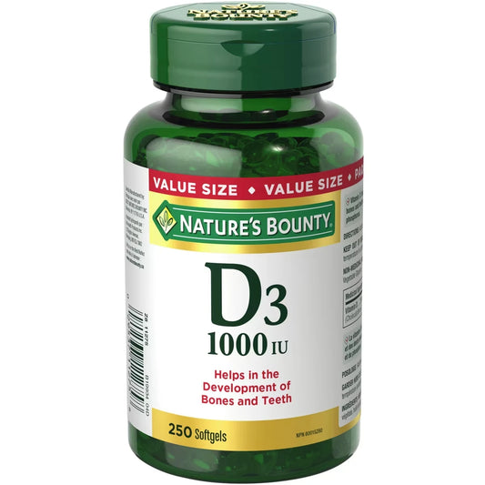Natures Bounty Vitamin D3 Pills, Supplement, Helps in the Development of Bones and Teeth, 1000IU front package