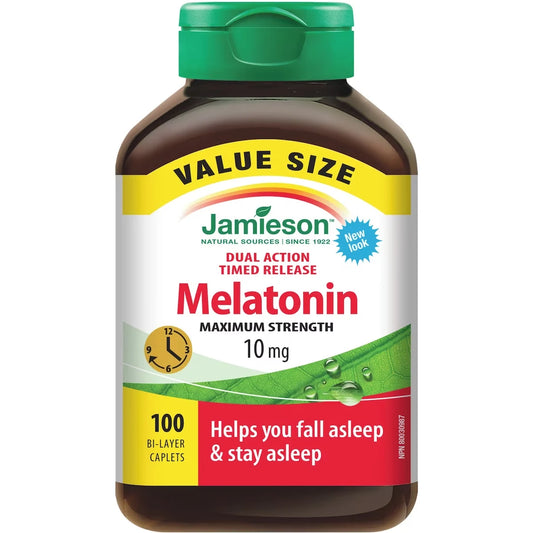 Jamieson Melatonin Maximum Strength Timed Release Dual Action Bi-Layer Caplets, 10 mg Value Pack front package