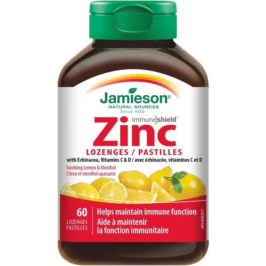 Jamieson Zinc Lozenges with Echinacea, Vitamin C & D, Honey Lemon Flavour front package