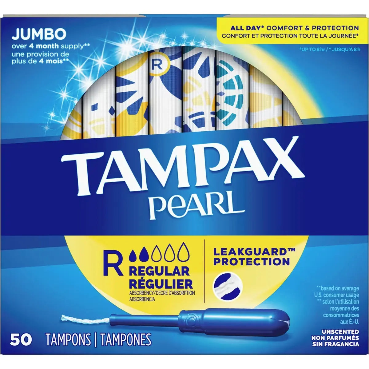 Tampax Pearl Tampons Regular Absorbency, 50 Count front package