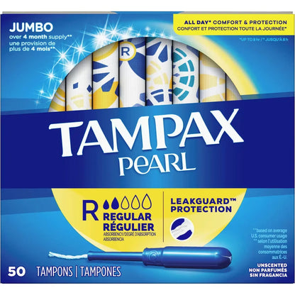 Tampax Pearl Tampons Regular Absorbency, 50 Count front package