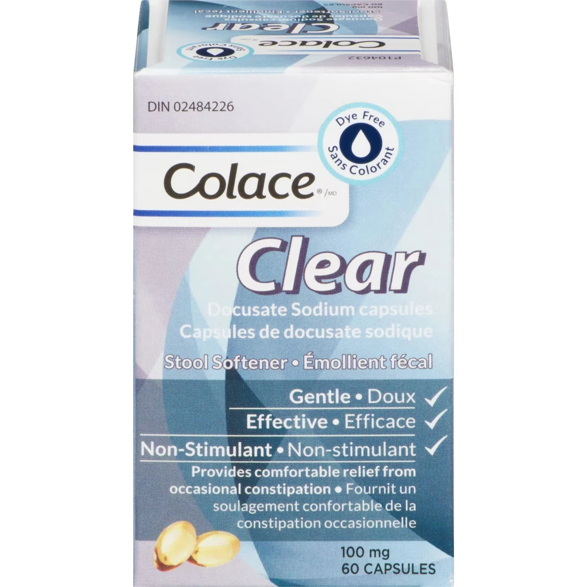 Colace Docusate Sodium Capsules Stool Softener Clear front package
