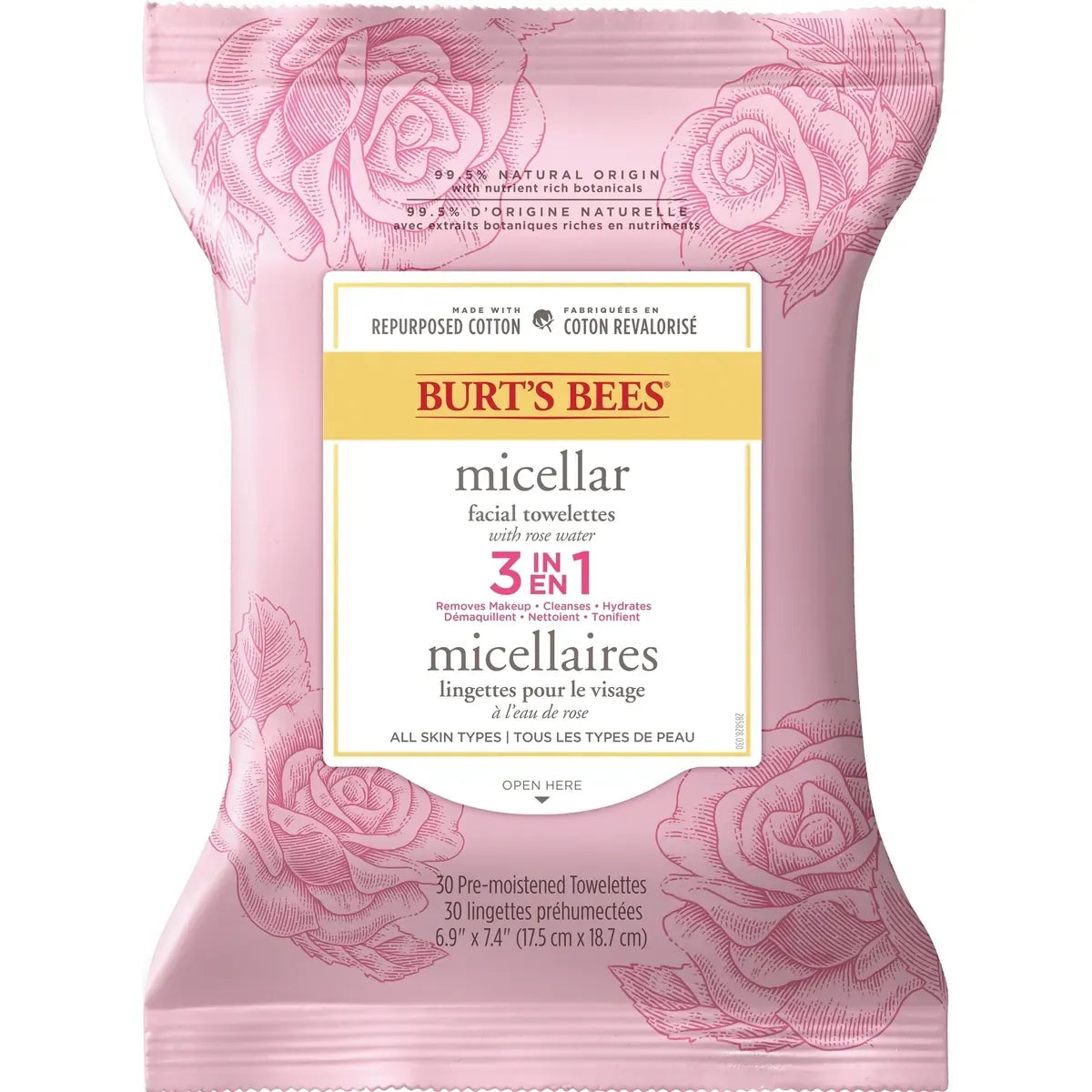 Burt's Bees Micellar Cleansing Towelettes with Rose Water front package