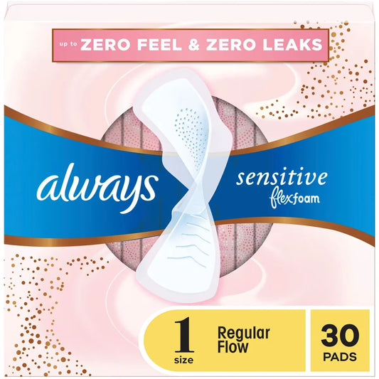 Always Sensitive FlexFoam Pads for Women, Size 2, Regular Flow Absorbency, Unscented with Wings, 30 ct 30 count front package