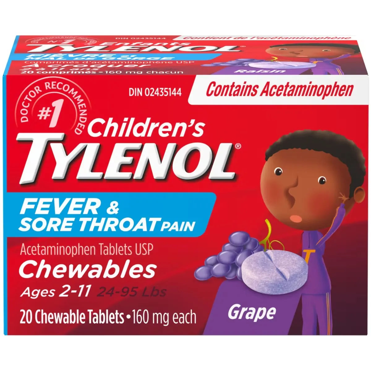 Tylenol Children's Medicine Fever and Sore Throat, Chewables, Grape front package