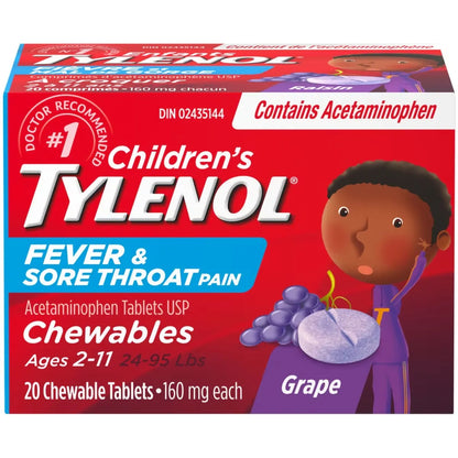 Tylenol Children's Medicine Fever and Sore Throat, Chewables, Grape front package