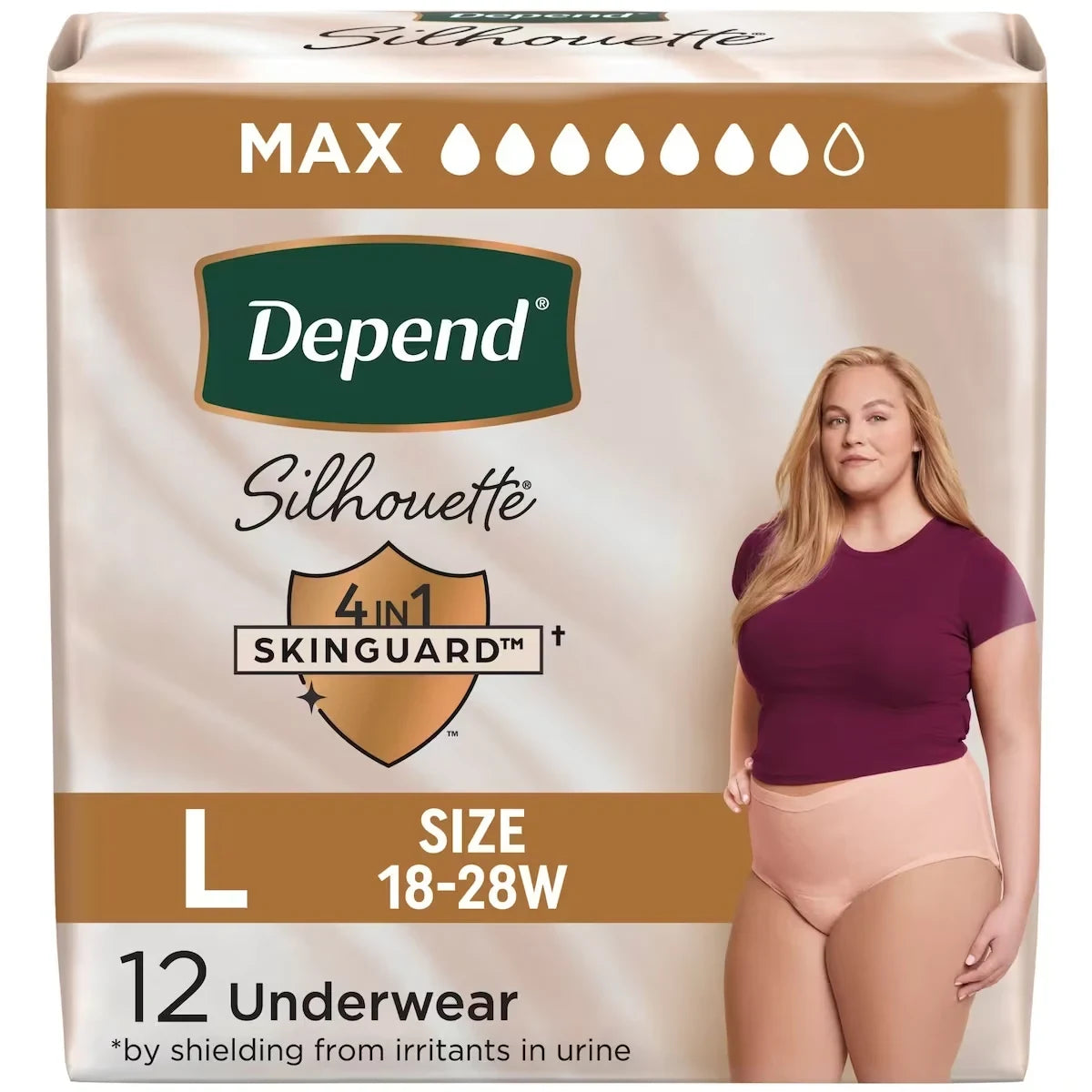 Depend Silhouette Adult Incontinence and Postpartum Underwear for Women, Large, Maximum Absorbency, Pink product package